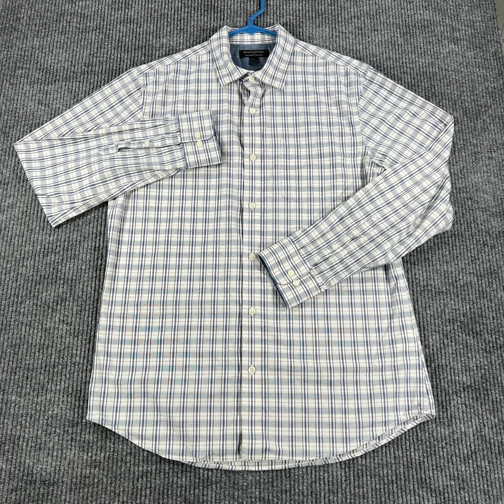 Banana Republic Shirt Mens Large Gray Plaid Long Sleeve Button‎ Up Soft Stretch